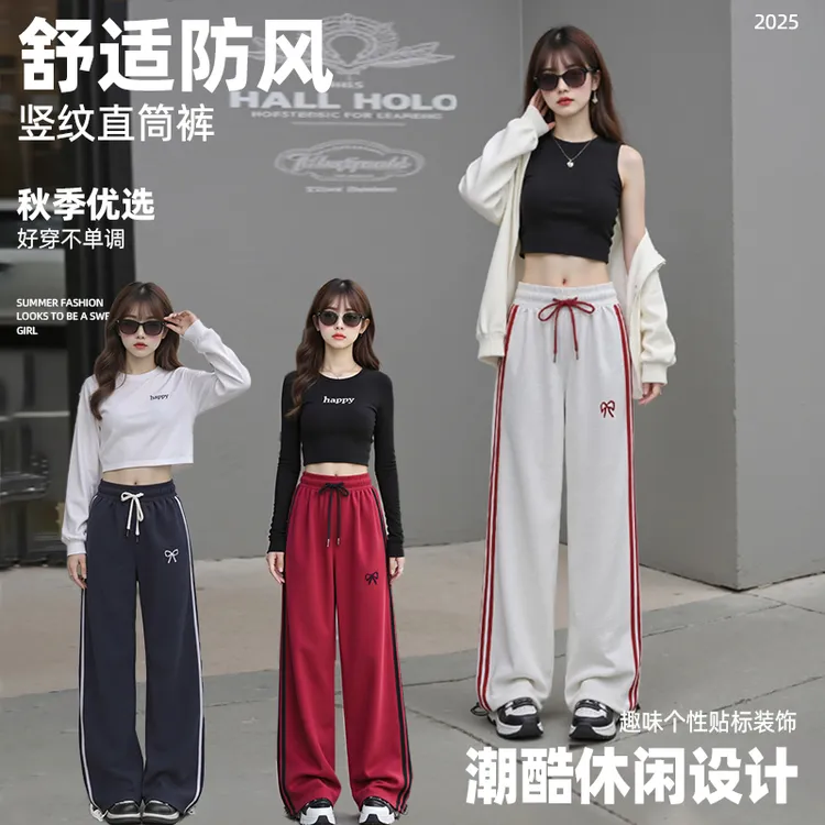 女童裤子秋冬洋气儿童宽松外穿加绒休闲裤秋季撞色阔腿裤百搭卫裤