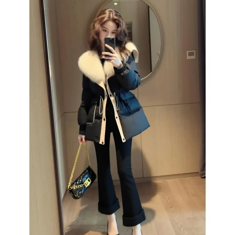 冬季韩系女士棉服2026年新款小个子加厚加棉毛领撞色收腰显瘦外套