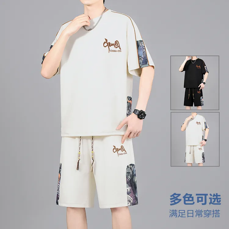 男士夏季大码短袖休闲运动套装潮牌青年时尚百搭国风刺绣两件套