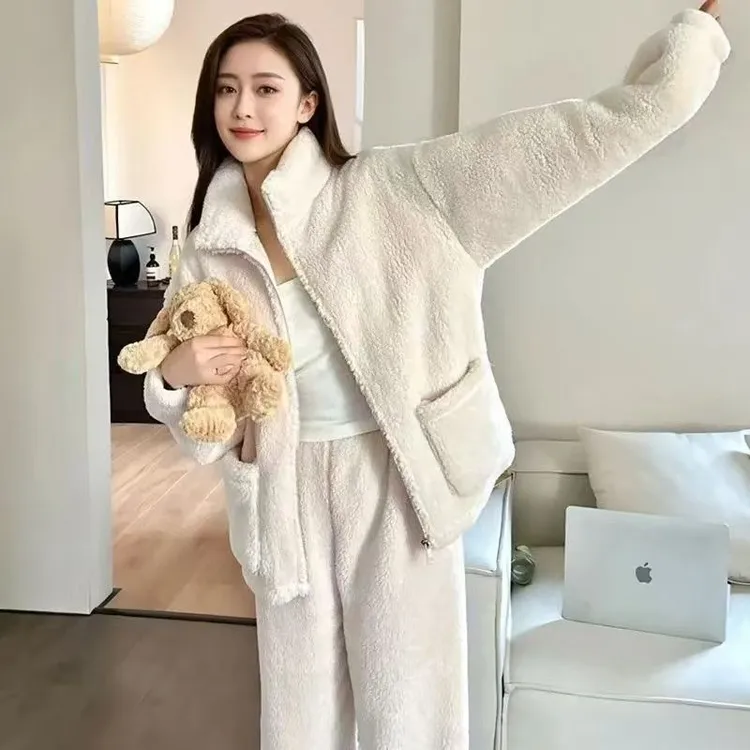 冬季情侣珊瑚绒睡衣宽松女加绒加厚保暖秋冬休闲家居服可外穿套装