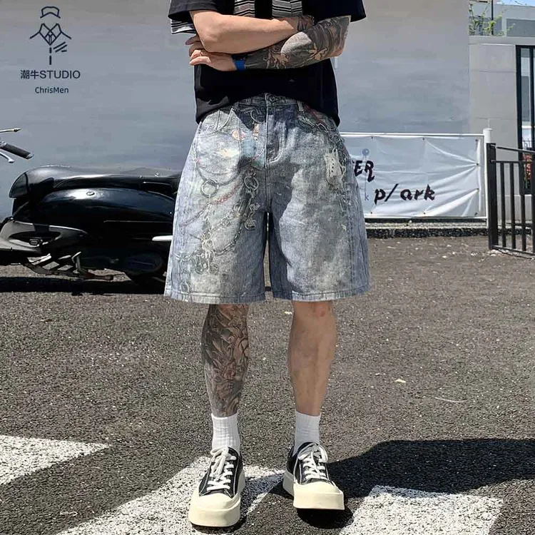 夏新款美式高街vibe独特宽松AC潮牌款印花牛仔五分中裤男水洗街头