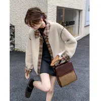 盘扣格子拼接皮毛一体羊羔毛外套女秋冬2025新款小个子美式棉服