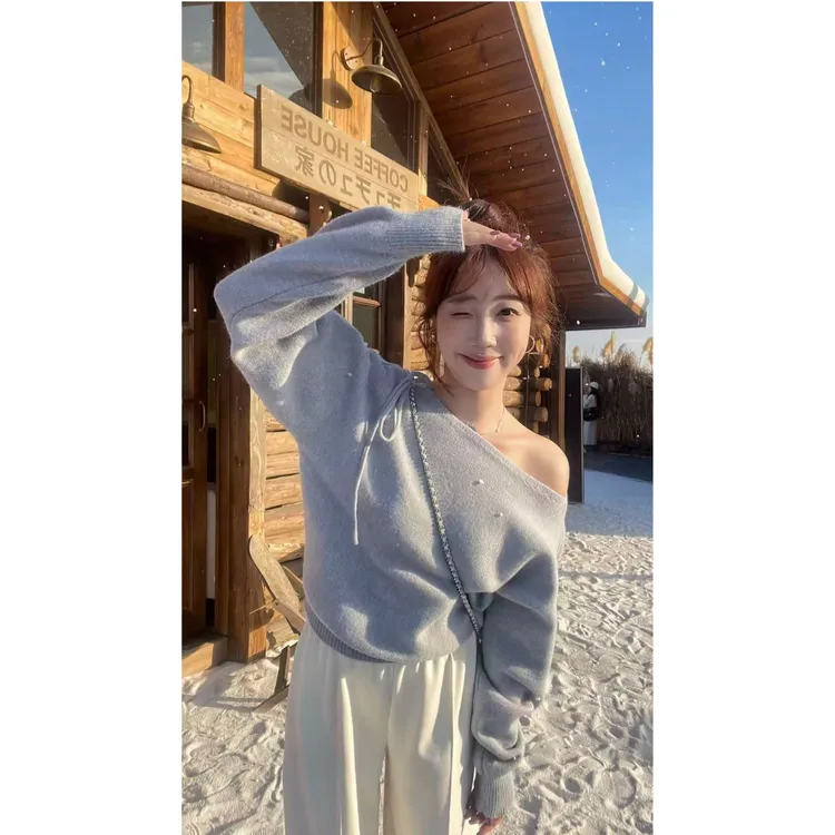 YPP！【蓝岛之恋】高级感一字肩系带长袖针织衫早秋套头毛衣