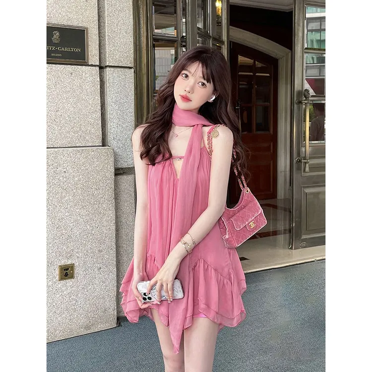 少女的香气 夏季法式赫本气质飘带大裙摆v领吊带连衣裙海边度假裙