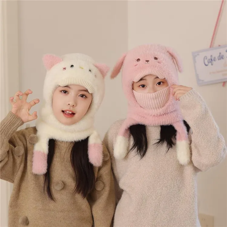 宝宝帽子围脖口罩一体秋冬季儿童针织毛绒帽加厚男女童保暖套头帽