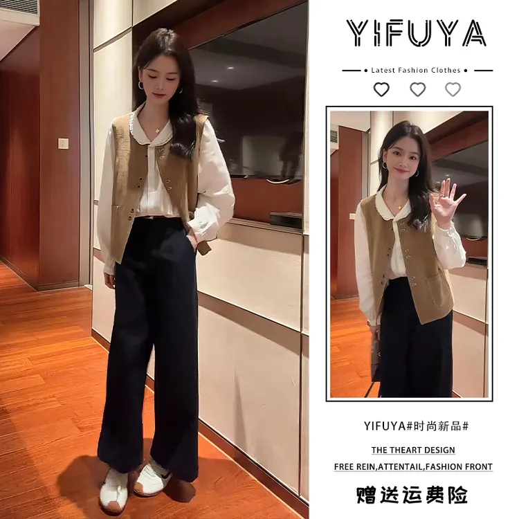 2025超火穿搭一整套小香风巨好看的蕾丝衬衫搭配马甲牛仔裤套装秋
