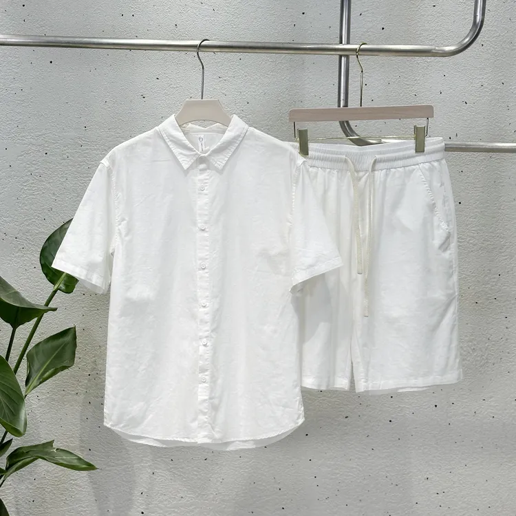 2025夏季新款老钱风亚麻衬衫短裤套装宽松休闲百搭慵懒短袖男潮流