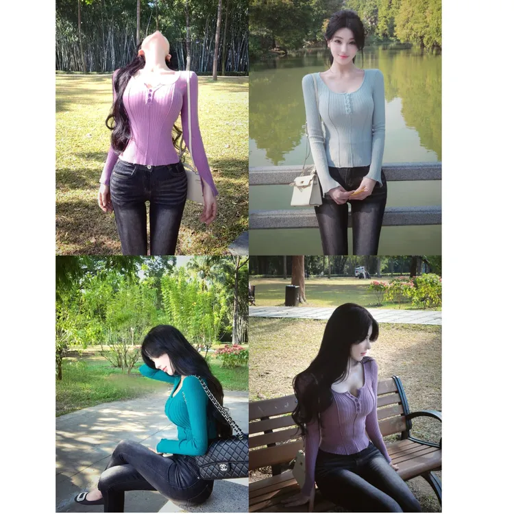 WW定制「恋爱氛围」显瘦长袖修身气质百搭氛围法式小众设计感上衣