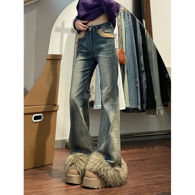 美式街头设计感小众毛毛拼接牛仔裤子女y2k千禧风辣妹微喇叭长裤