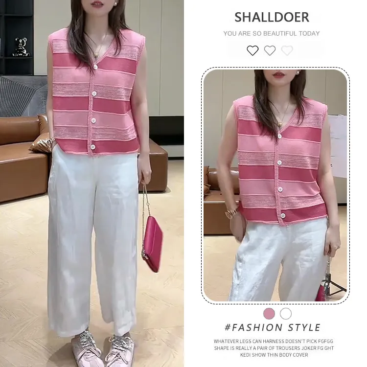 韩版休闲时尚套装女2025夏季新款粉色条纹无袖马甲阔腿裤子两件套