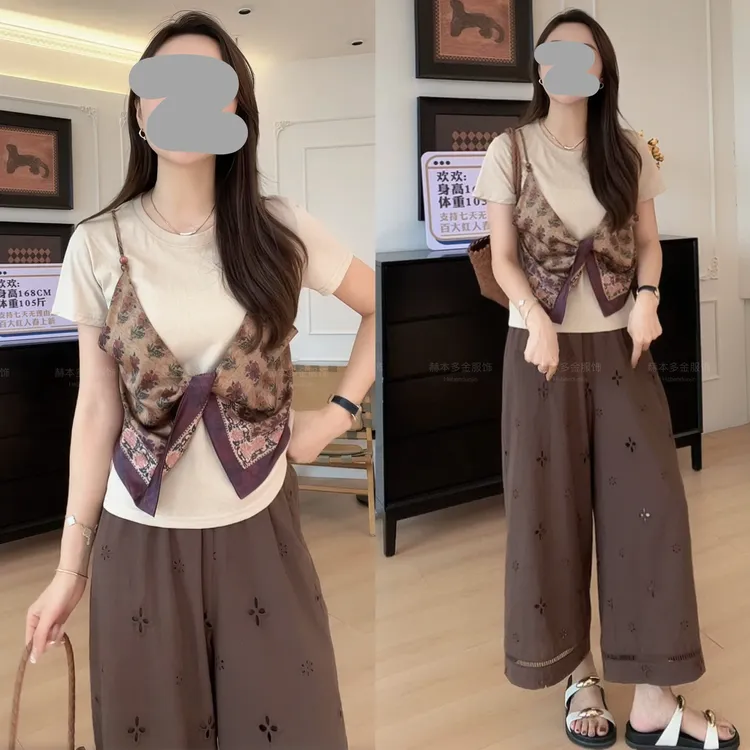 2025夏季时尚洋气复古圆领假两件短袖T恤显瘦百搭九分休闲裤套装