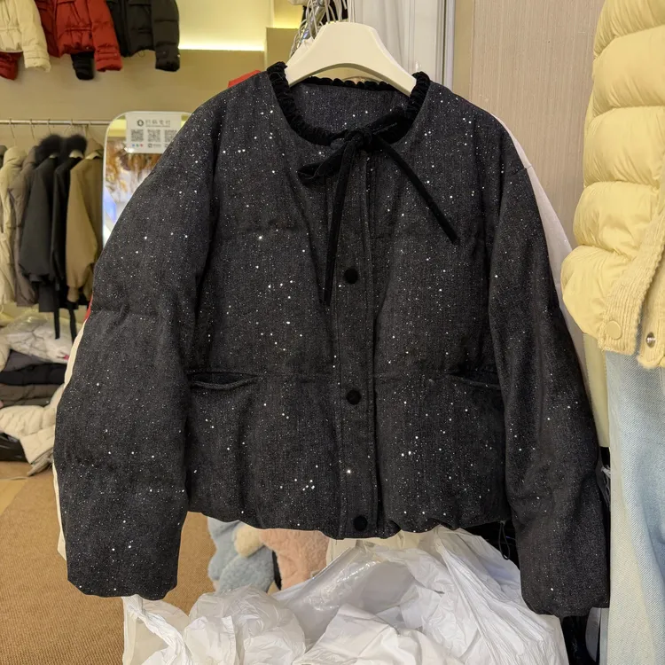 【撒银面料羽绒】90白鸭绒韩版时尚亮片羽绒服女圆领宽松显瘦面包服