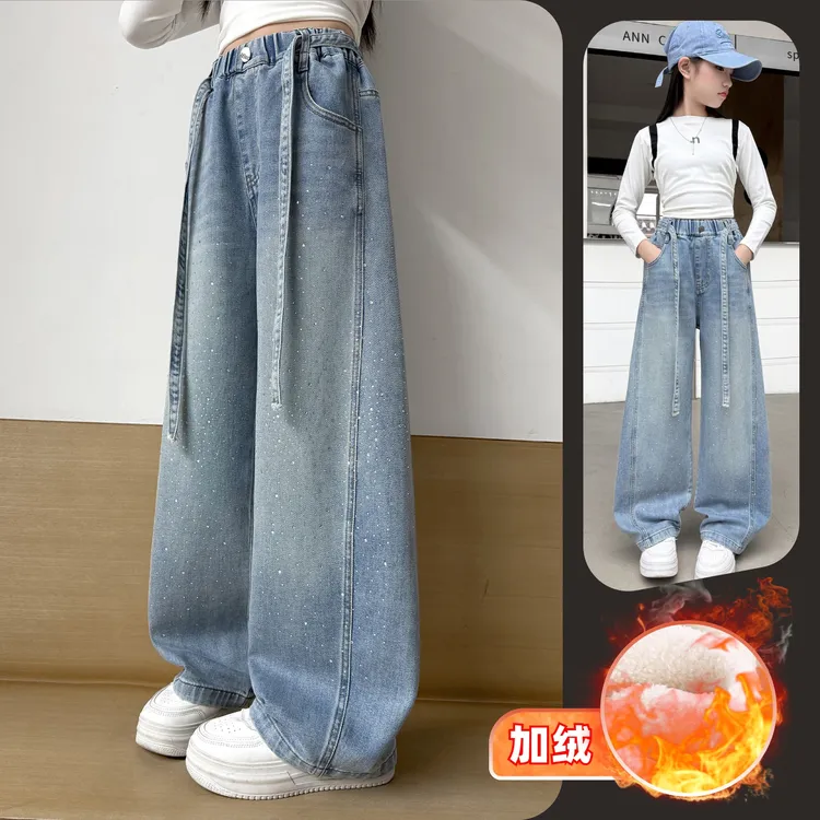 女童冬季时尚加绒百搭满天星烫钻弯刀裤6~12岁中大童洋气韩版时髦