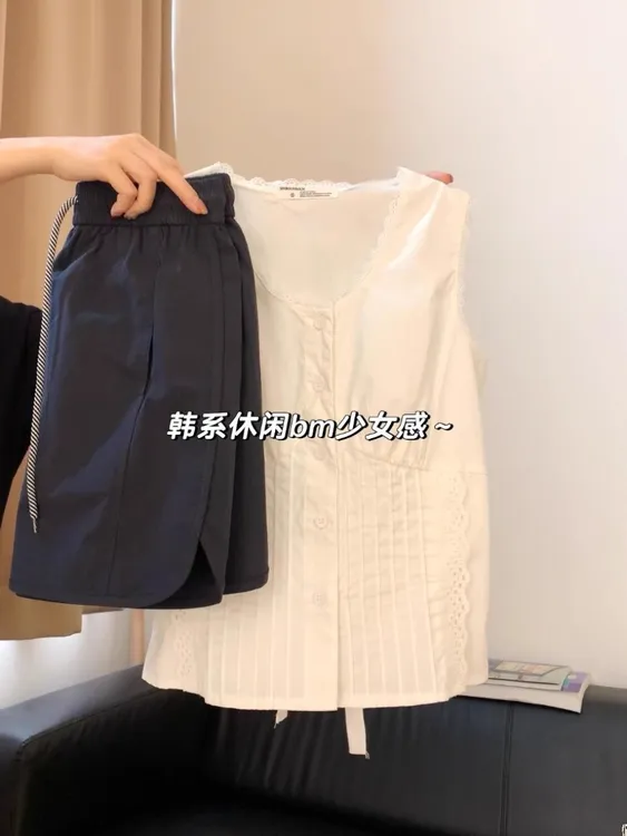 夏季韩系时尚百搭气质衣服设计感少女背心无袖上衣高腰短裙两件套