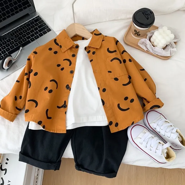 新款小童长袖衬衫新款中时髦笑脸宝宝衬衣帅气儿童秋款棉布洋气