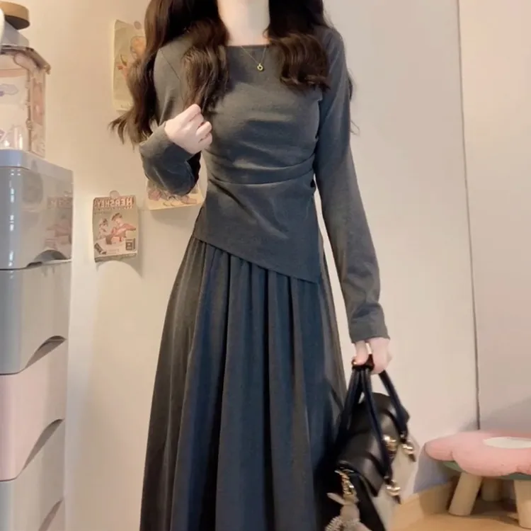 小个子早秋氛围感穿搭灰色连衣裙子女秋季新款收腰显瘦高级感长裙