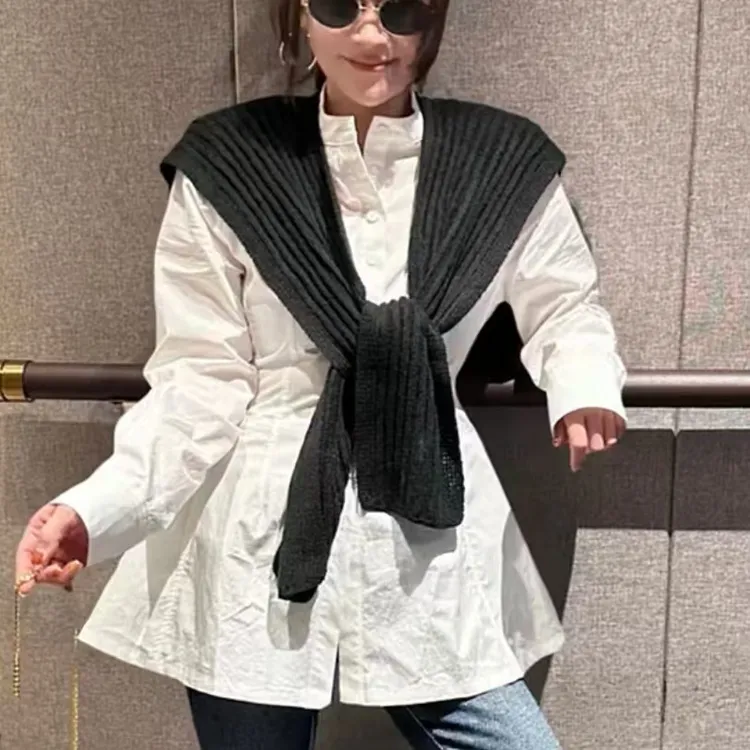 岚岚大码欧货冬季衬衫时髦精拼接收腰设计感针织披肩衬衫女潮1328
