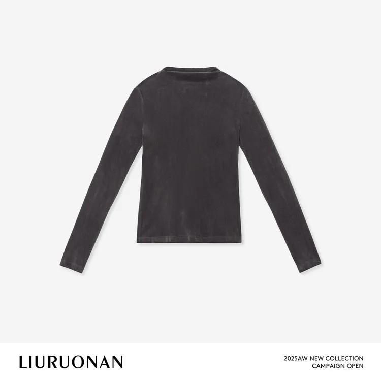 LIURUONAN 25WIN【灰丝绒打底】复古荡领长袖T恤秋冬修身显瘦上衣女