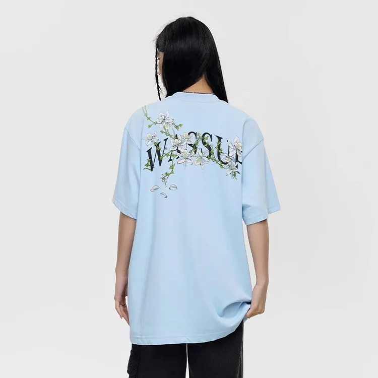 WASSUP潮牌美式夏季浅蓝色t恤短袖女宽松休闲重磅纯棉圆领上衣服