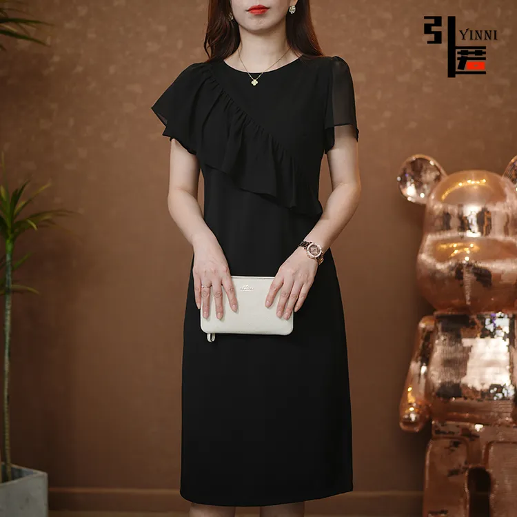 引匿A233拼接荷叶边圆领气质时尚显瘦短袖连衣裙 2025夏季新品