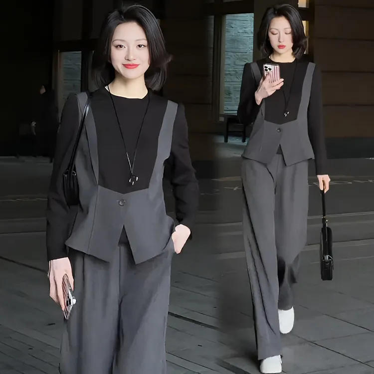 简约百搭时髦洋气时尚套装女春季新款气质假两件上衣阔腿裤两件套