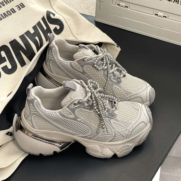 真皮厚底网面老爹鞋女2025春新款轻便增高休闲鞋百搭银色运动鞋潮