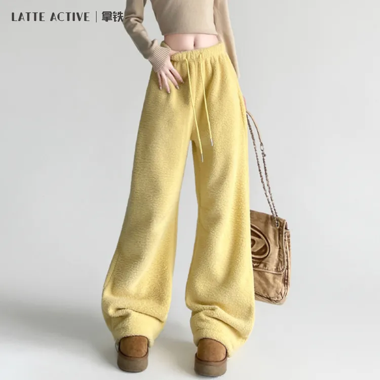拿铁女孩新款双面摇粒绒加绒保暖高腰宽松显瘦束脚卫裤运动直筒裤