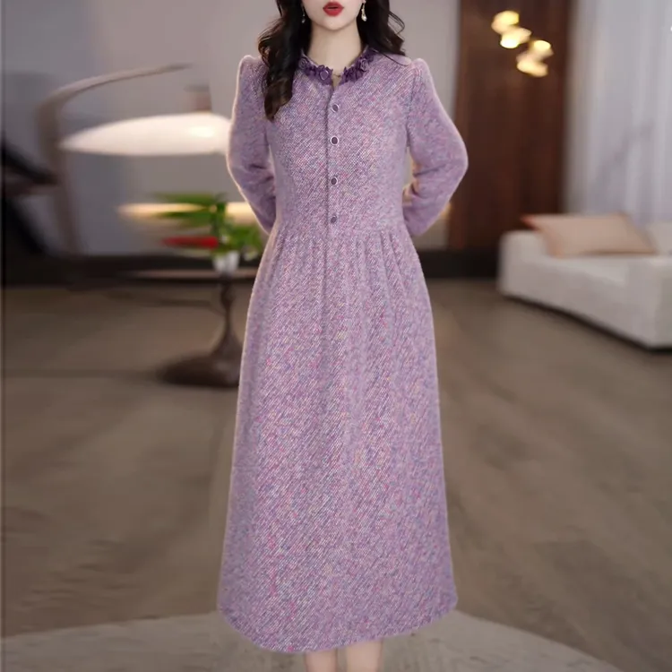 2025年冬款紫色连衣裙时尚精致优雅洋气复古气质修身收腰显瘦长裙