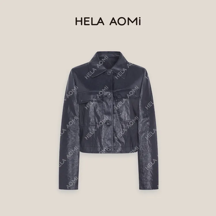 HELA AOMI“蓝调皮衣”高级感气质绑带方领通勤风正肩短款皮衣