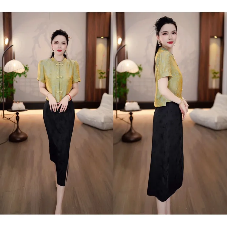 2025夏季新款新中式贵妃金偏光缎面小衫+黑色暗纹半裙两件套M-4XL