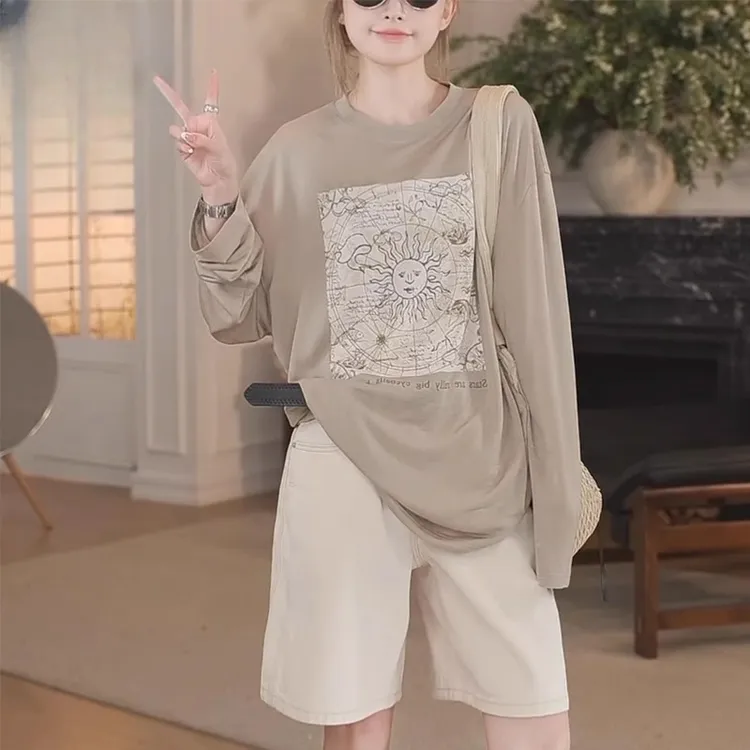 芯娇晴小太阳字母印花薄款长袖T恤女2025夏季新款慵懒风防晒衫女