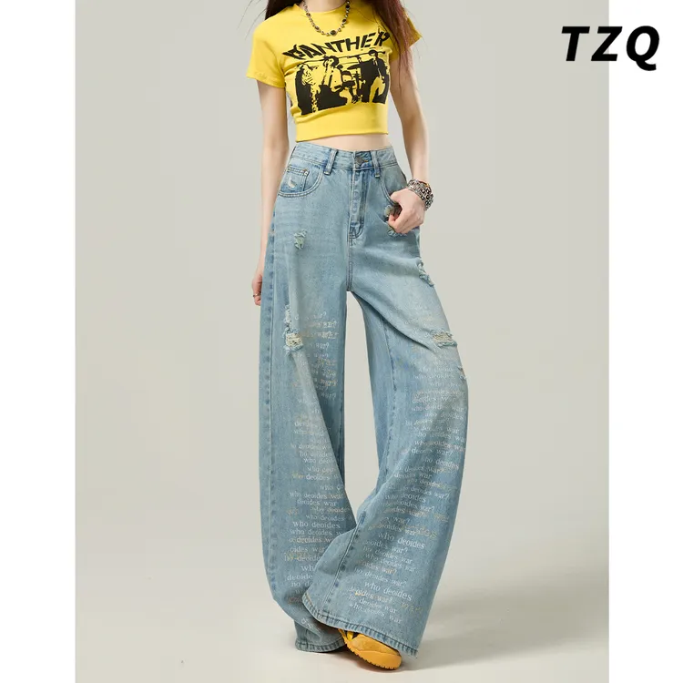 做旧字母印花垂感阔腿牛仔裤女2025新款破洞设计拖地裤TZQ2540309