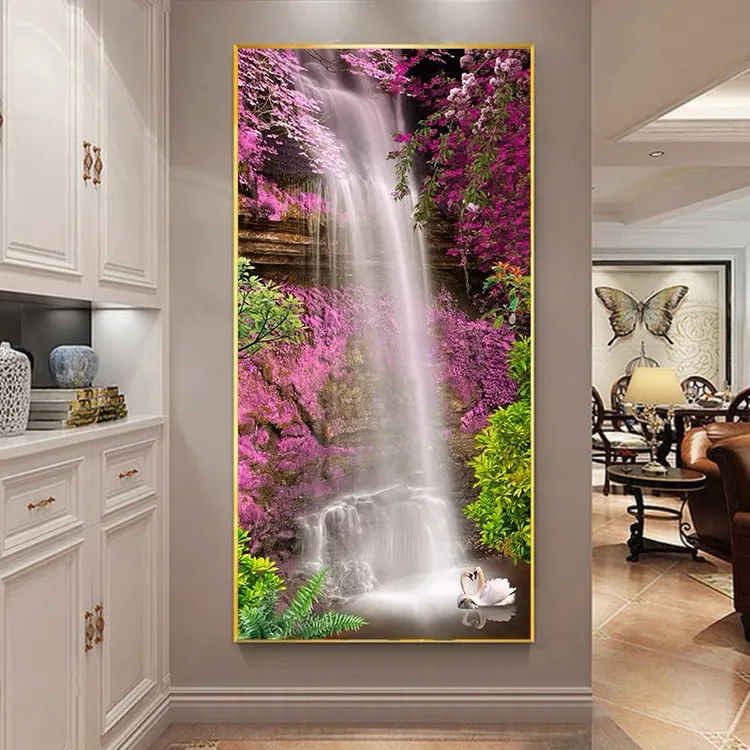 晶瓷艺术画瀑布流水风景挂画中式风格玄关走廊过道客厅背景装饰画