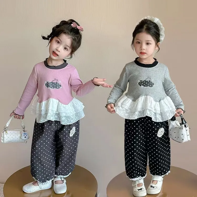 女童花边套装洋气儿童春秋季新款韩版女宝宝圆点裤甜美俩件套女孩