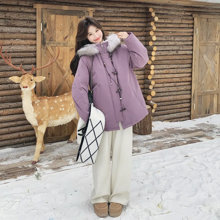 紫色大毛领牛角扣派克羽绒服女冬季新款白鸭绒内胆连帽冲锋衣外套