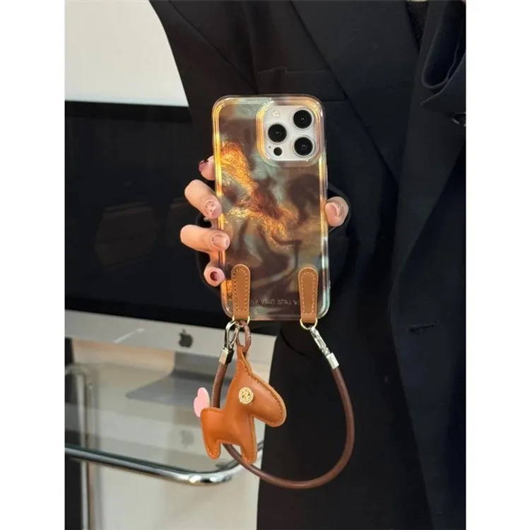 ins锡纸纹棕色晕染适用iPhone16pro手机壳15promax手提公仔14pro