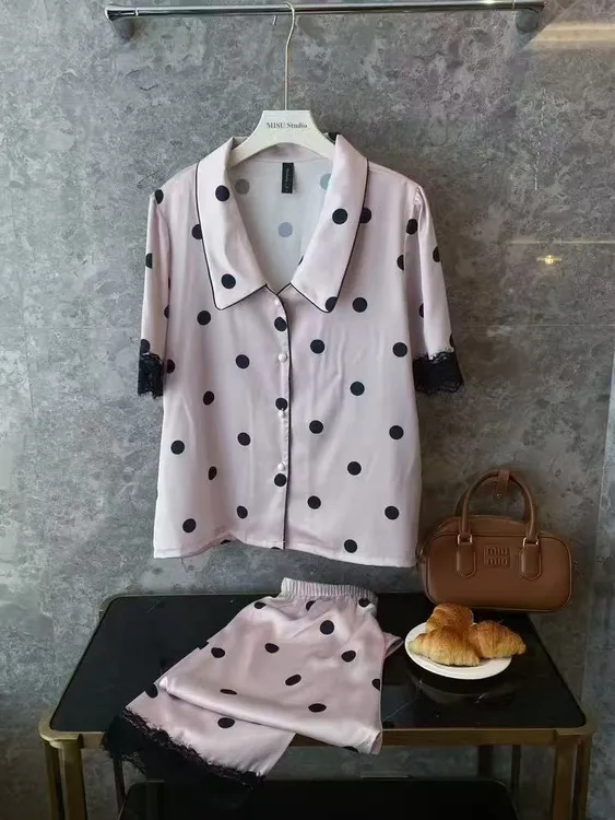 睡衣女春夏季新款甜美波点蕾丝薄款短袖冰丝可外穿高级感家居服