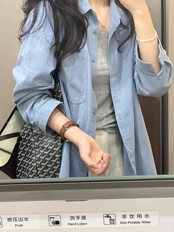 100%雾霾蓝色纯棉长袖衬衫女上衣衬衣防晒外套今年流行漂亮小衫