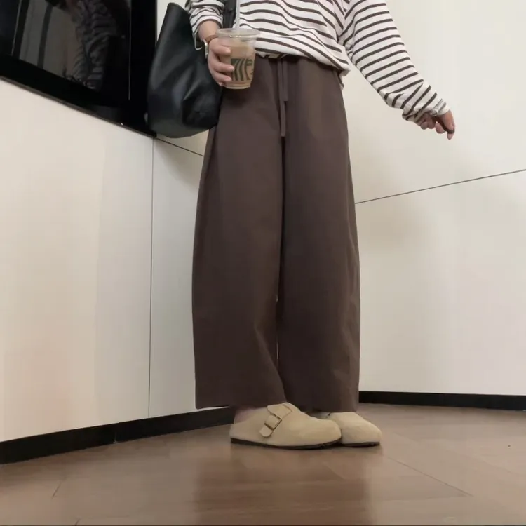 咖色休闲阔腿裤女2025秋季新款高腰直筒裤慵懒风宽松百搭弯刀裤