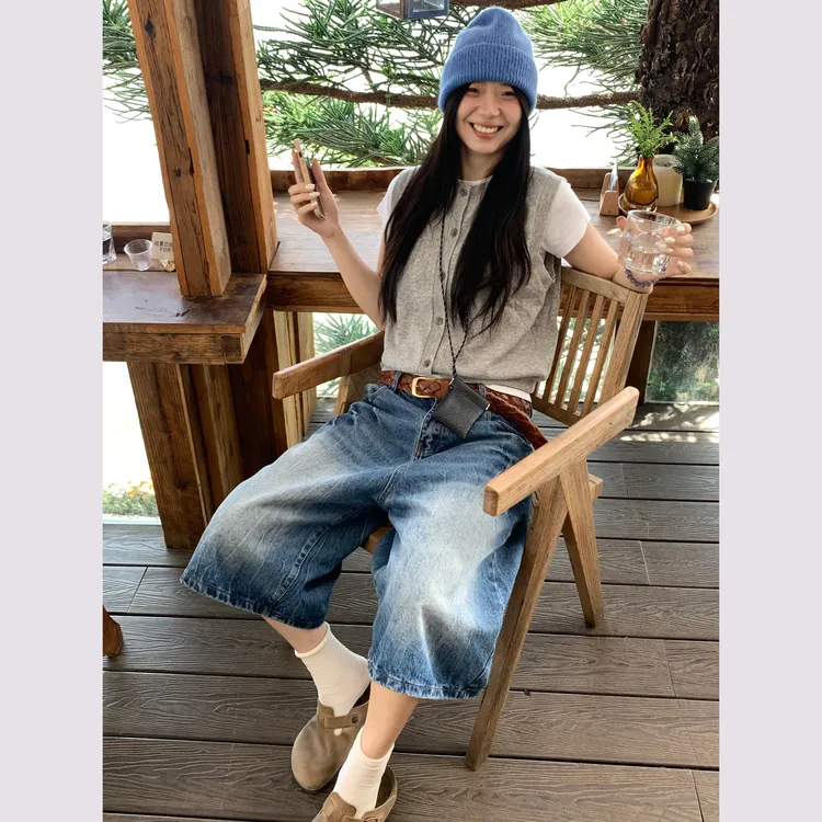 水洗蓝七分牛仔裤女2025春夏新款美式宽松显瘦中裤百搭牛仔中裤子