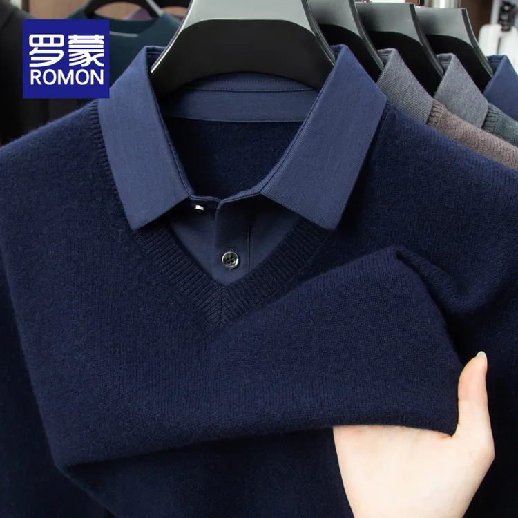 罗蒙100%羊毛衫男士秋冬季假两件高档毛衣男款商务休闲爸爸装男装