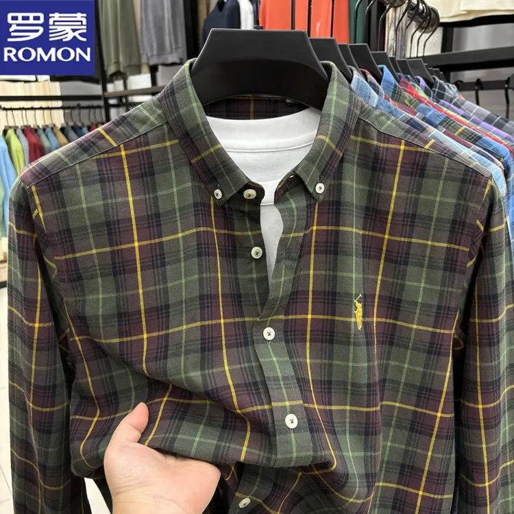 罗蒙爆款春秋新款男士纯棉格子衬衫翻领休闲商务百搭时尚长袖上衣