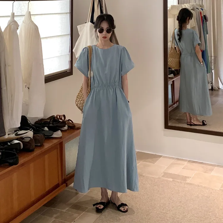 【蓝色收腰气质连衣裙】女2025夏新款高级感小众温柔长裙