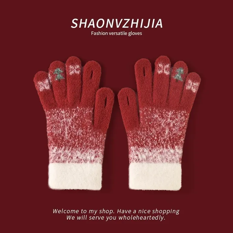 年终大促针织加绒加厚保暖防寒可触屏分指冬季暖手套新年圣诞保暖