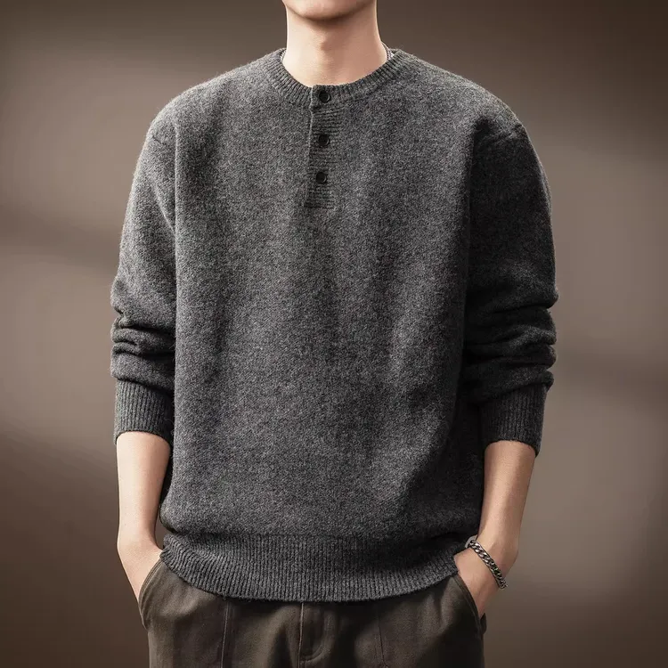 630g重磅绵羊毛混纺软糯亲肤毛衣男冬季套头亨利领老钱风针织衫潮