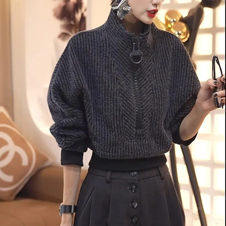 2025秋冬新款时尚拉链拼接洋气复古卫衣潮收腰显瘦设计感休闲上衣