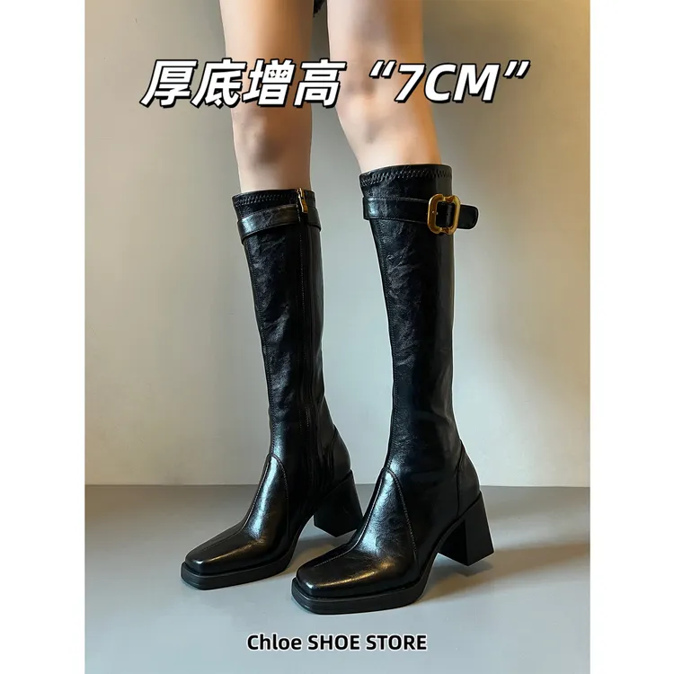 牛皮版~黑色长筒靴女2025新款方头皮带扣骑士靴粗跟显瘦增高长靴