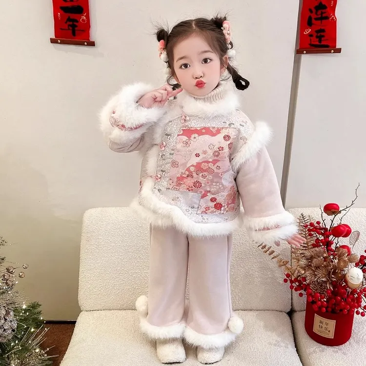 女小童加厚保暖拜年服冬季女宝宝汉服唐装小女孩过年盘扣国风套装