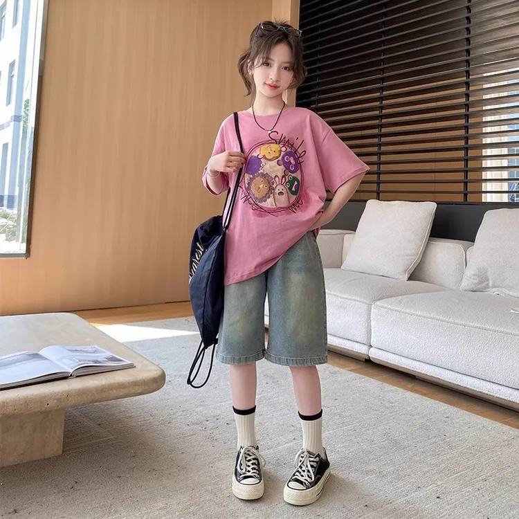 2025新款韩版女童短袖T恤儿童夏季t恤牛仔中裤五分裤夏装潮流童装