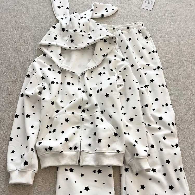 春秋新款女学生睡衣兔耳朵连帽星星印花宽松大码家居服可外穿套装